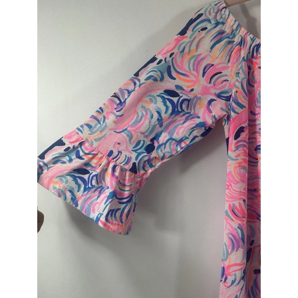 Lilly Pulitzer Kids XL 12-14 Flamingo Print Cold Shoulder Ruffle Dress Cotton